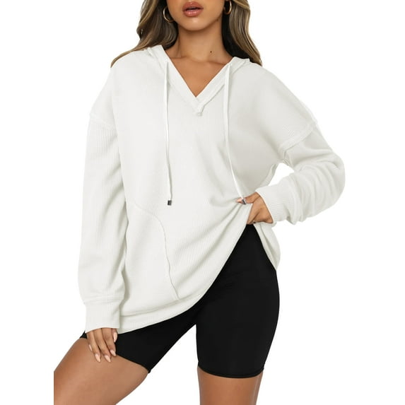 DOKOTOO Hoodies for Women Oversized Sweatshirts Casual Long Sleeve V Neck Drawstring Waffle Knit Tops S-2XL