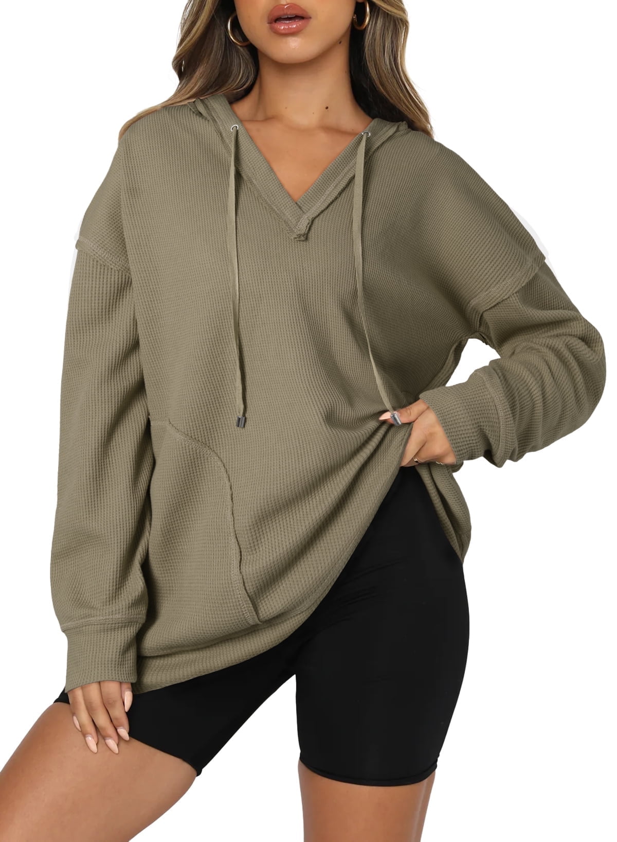 DOKOTOO Women Hoodies Oversized Sweatshirt Fall Casual Long Sleeve V Neck Drawstring Waffle Knit Tops S-2XL
