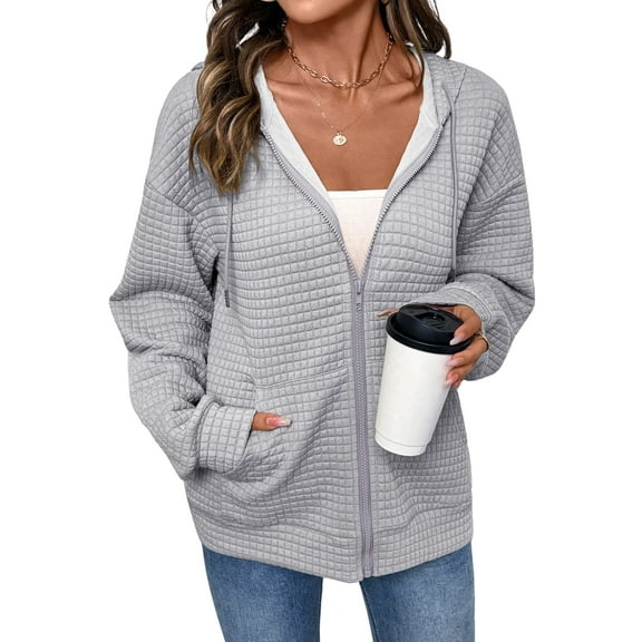 DOKOTOO Hoodies for Women Zip Up Hoodies Oversized Sweatshirts Casual Waffle Hooded Sweatshirt with Pocket S-2XL