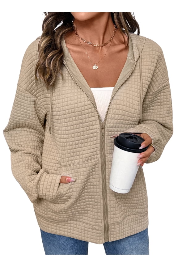Hoodies for Women Zip Up Hoodies Oversized Sweatshirts Casual Waffle Hooded Sweatshirt with Pocket S-2XL