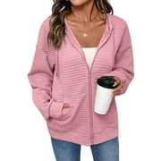 DOKOTOO Womens Sweatshirts Zip Up Hoodies Oversized Sweatshirt Fall Casual Drawstring Waffle Hooded Jackets with Pocket S-2XL
