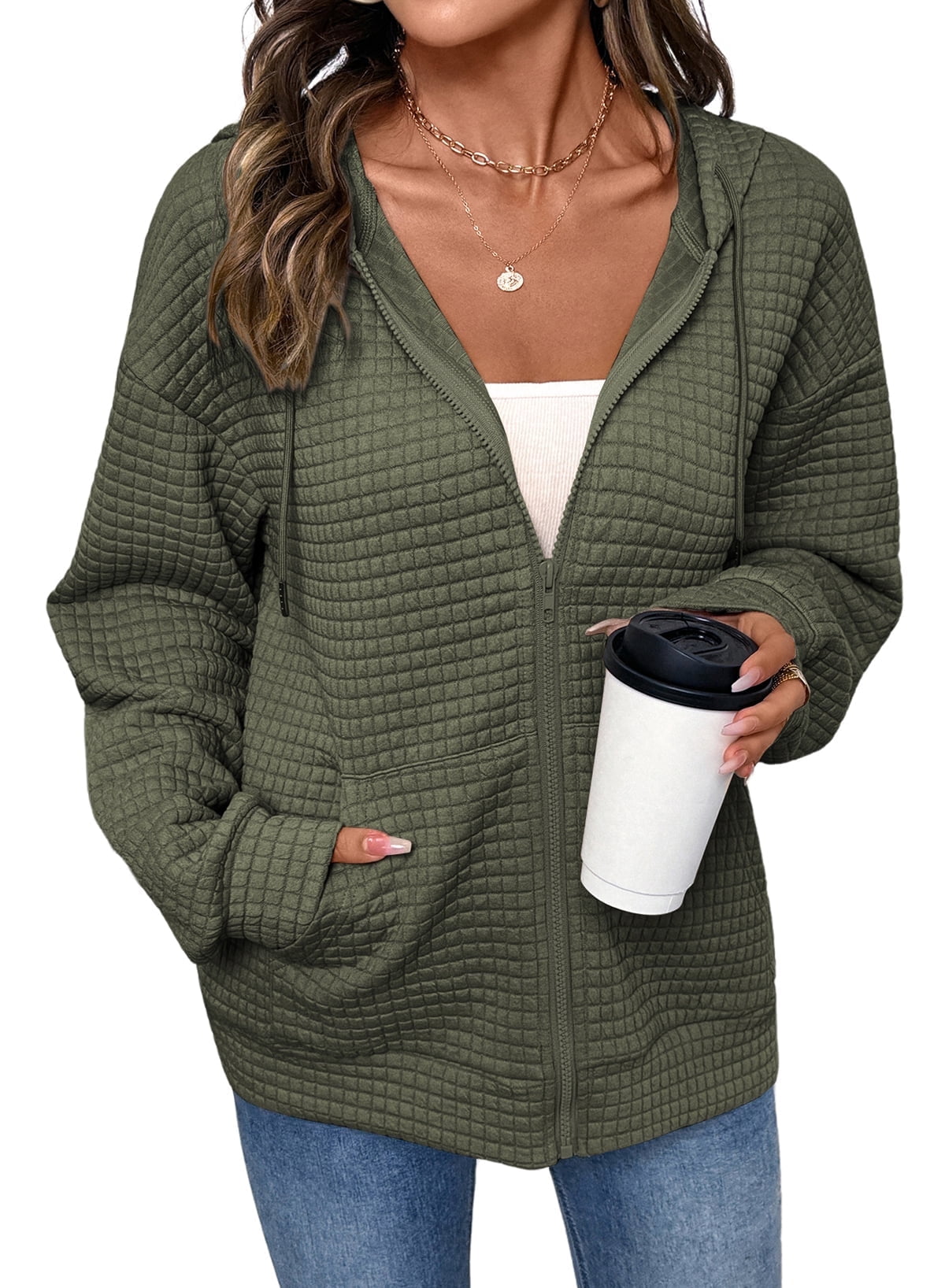 DOKOTOO Women's Hoodies Zip Up Oversized Sweatshirt Fall Casual Drawstring Waffle Hooded Jackets with Pocket S-2XL