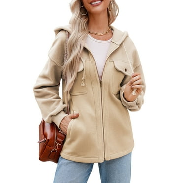 DOKOTOO Jackets for Women Fall Drawstring Fuzzy Sherpa Hooded Zip Up Jacket Coats with Pockets