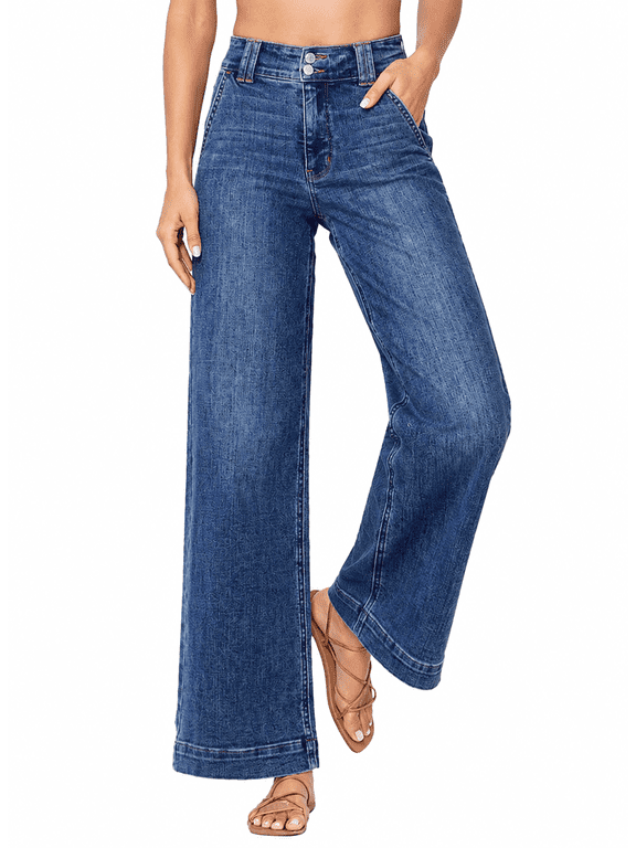 Jeans for Women High Waisted Wide Leg Jeans Trendy Stretchy Denim Pants with Slanted Pockets Comfort Baggy Straight Leg (Plus Sizes Available)
