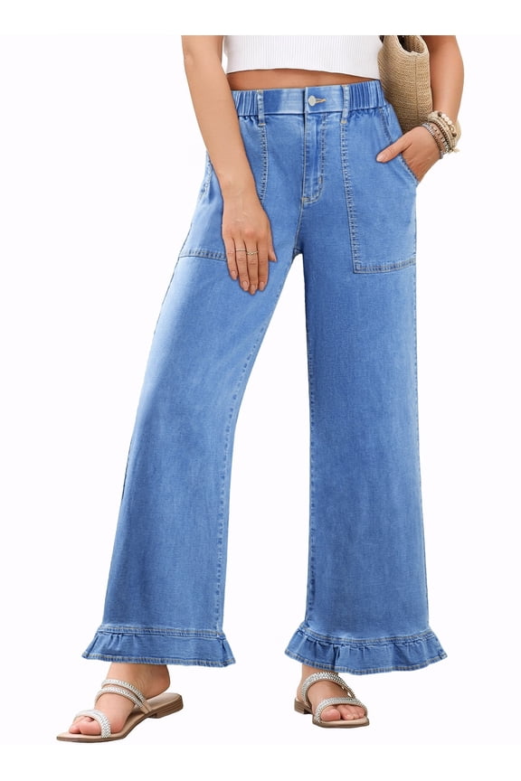 Jeans for Women High Waisted Wide Leg Jeans with Ruffle Hem Trendy Stretchy Denim Loose Pants Straight Leg (Plus Sizes Available)