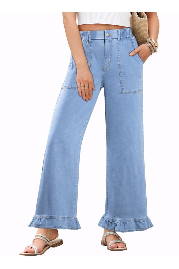 Jeans for Women High Waisted Wide Leg Jeans with Ruffle Hem Trendy Stretchy Denim Loose Pants Straight Leg (Plus Sizes Available)