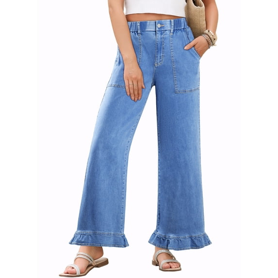 DOKOTOO Jeans for Women High Waisted Wide Leg Jeans with Ruffle Hem Trendy Stretchy Denim Loose Pants Straight Leg (Plus Sizes Available)