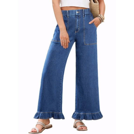 DOKOTOO Jeans for Women High Waisted Wide Leg Jeans with Ruffle Hem Trendy Stretchy Denim Loose Pants Straight Leg (Plus Sizes Available)