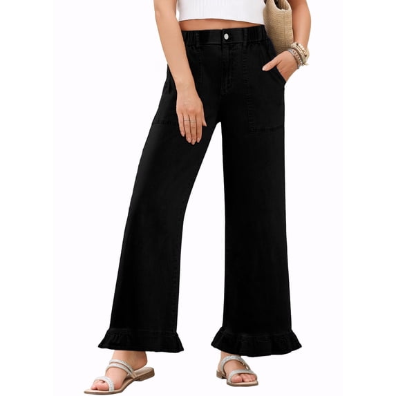 DOKOTOO Jeans for Women High Waisted Wide Leg Jeans with Ruffle Hem Trendy Stretchy Denim Loose Pants Straight Leg (Plus Sizes Available)