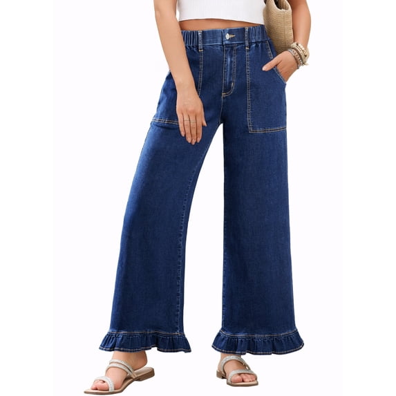 DOKOTOO Jeans for Women High Waisted Wide Leg Jeans with Ruffle Hem Trendy Stretchy Denim Loose Pants Straight Leg (Plus Sizes Available)