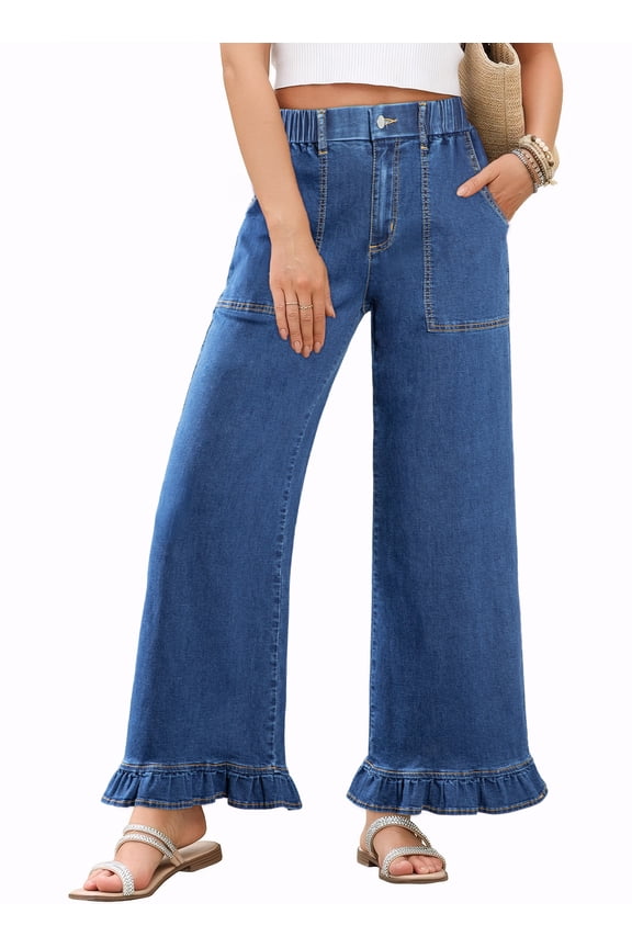 Jeans for Women High Waisted Wide Leg Jeans with Ruffle Hem Trendy Stretchy Denim Loose Pants Straight Leg (Plus Sizes Available)