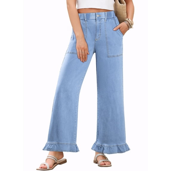 DOKOTOO Jeans for Women High Waisted Wide Leg Jeans with Ruffle Hem Trendy Stretchy Denim Loose Pants Straight Leg (Plus Sizes Available)
