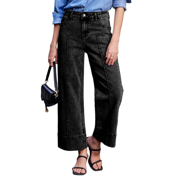 DOKOTOO Jeans for Women High Waisted Wide Leg Stretch Denim Cropped Ankle Jeans Vertical Seam Loose Fit Baggy Jeans with Pockets