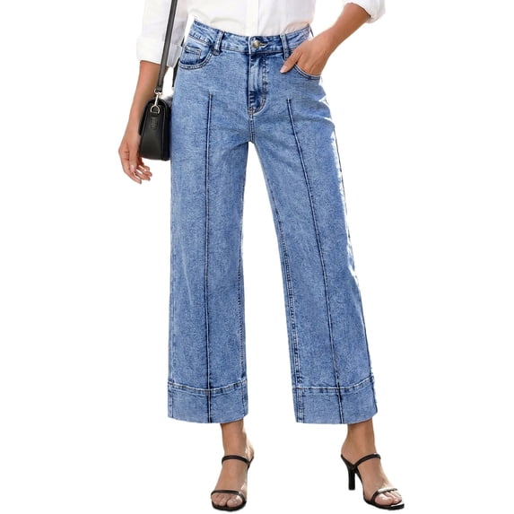 DOKOTOO Jeans for Women High Waisted Wide Leg Stretch Denim Cropped Ankle Jeans Vertical Seam Loose Fit Baggy Jeans with Pockets