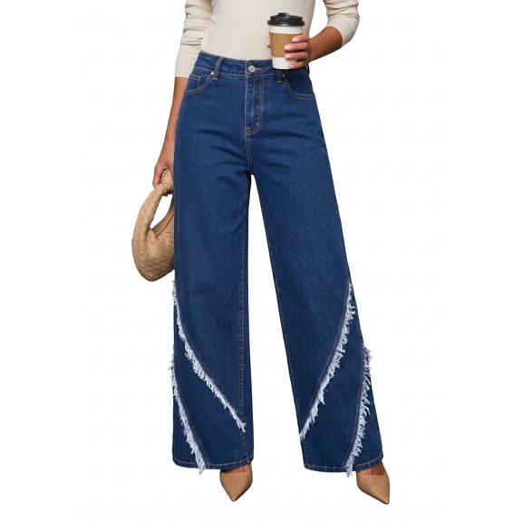 DOKOTOO Jeans for Women High Waisted Wide Leg Stretch Denim Patchwork Seam Frayed Detail Vintage Baggy Straight Leg Casual Jeans