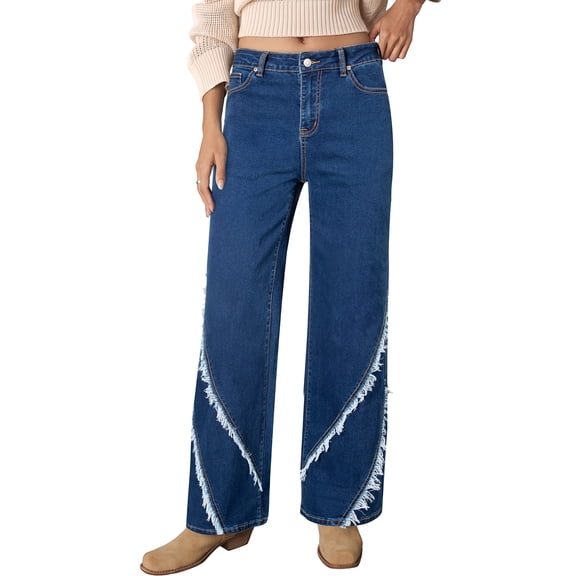 DOKOTOO Jeans for Women High Waisted Wide Leg Stretch Denim Patchwork Seam Frayed Detail Vintage Baggy Straight Leg Casual Jeans