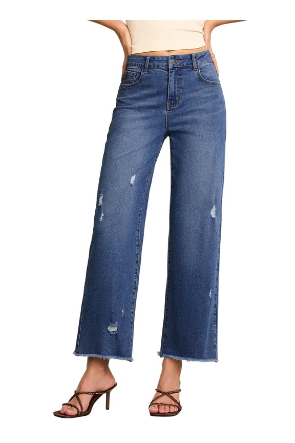 Jeans for Women Stretchy Straight Leg Distressed Washed Comfort Fit Trendy Frayed Raw Hem Ankle Pants (Plus Size Available)