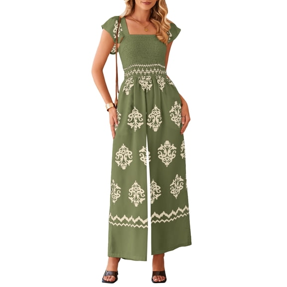 DOKOTOO Jumpsuits for Women Casual Cap Sleeve Wide Leg Jumpsuits Boho Overalls Beachwear Green M US8-10