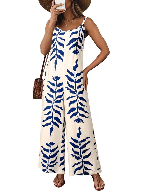Jumpsuits for Women Casual Sleeveless Spaghetti Strap Boho Wide Leg Jumpsuits with Pockets Sky Blue M US8-10