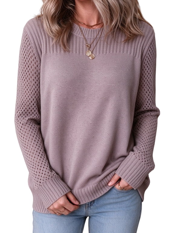 Sweaters for Women Hollow Out Long Sleeves Soft Knit Crewneck Winter Sweater