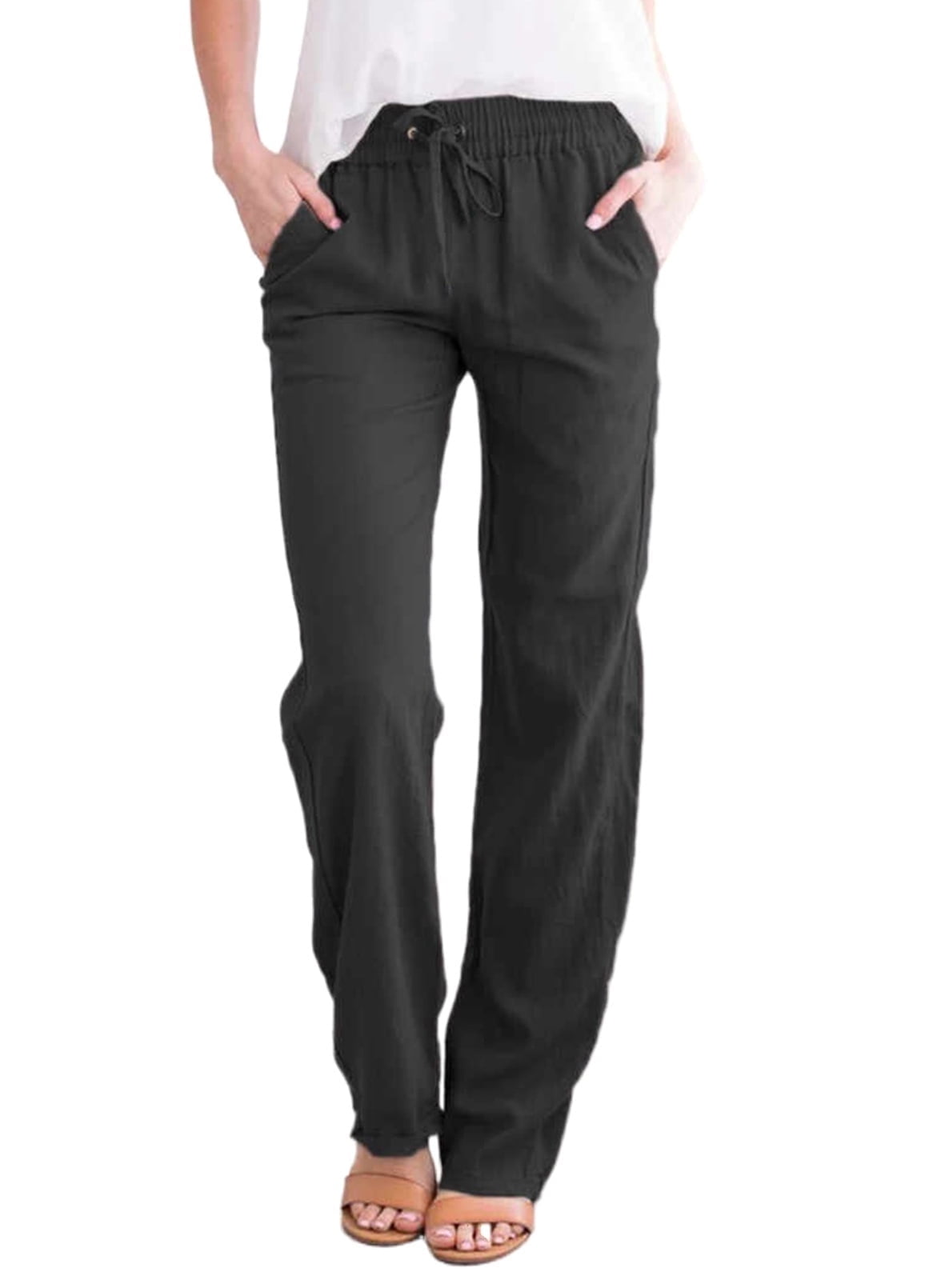 Cotton Pants for Women Straight Leg Elastic Waist Casual Pants with Pockets Comfy Black Work Pants 2XL US 20-22