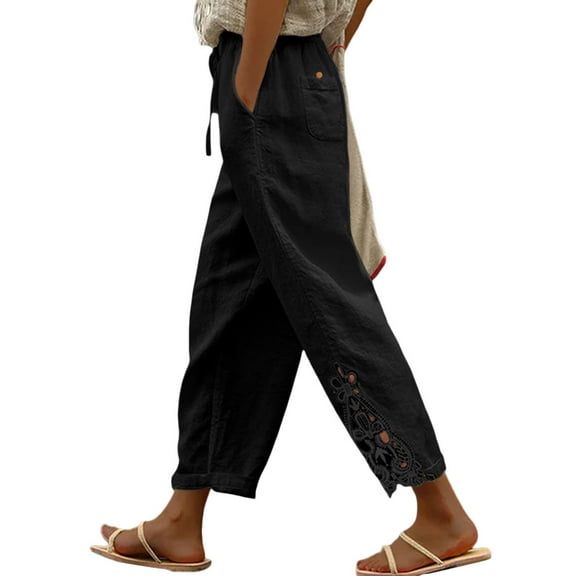 DOKOTOO Cotton Pants Women Casual Lightweight Drawstring Pants Elastic Waist Pants with Pockets Size M