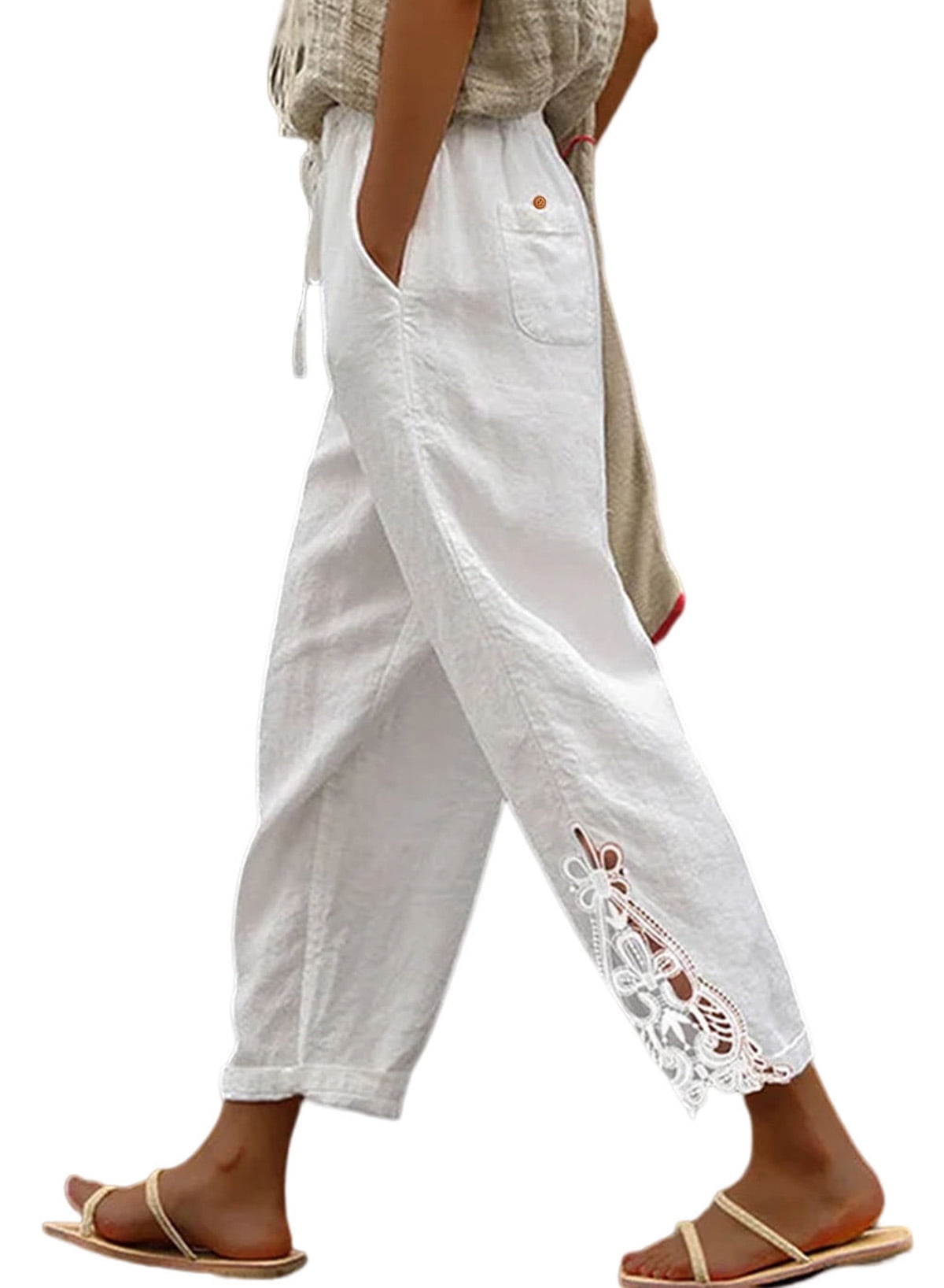 EVALESS Women's Casual Cotton Trousers with Elastic Waist, Drawstring, Pockets, Size M