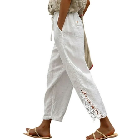 DOKOTOO Linen Cotton Pants Women Casual Lightweight Drawstring Pants Elastic Waist Pants with Pockets Size M