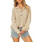 DOKOTOO Long Sleeve Blouses for Women V Neck Button Casual Tops Tunic Henley Shirts Beige