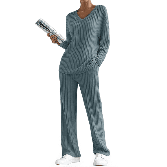 DOKOTOO Casual Outfits Sets for Woman Fall Ribbed Sleepwear Comfy Pajamas Basic Lounge Sets with Pockets Blue M(US8-10)