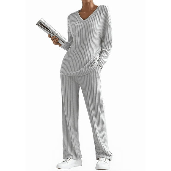 DOKOTOO Woman 2PCS Loungewear Outfits Long Sleeve Ribbed Knit Pajama Sets Basic Lounge Set Lightweight Gray M(US8-10)