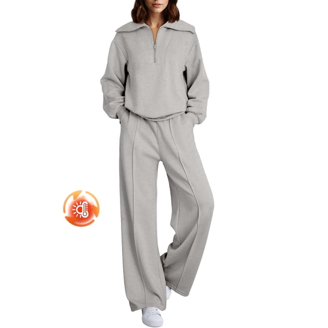 DOKOTOO Sweatsuits for Women 2 Piece Outfits Half Zip Sweatshirt Wide Leg Sweatpant Tracksuit Matching Set Women Clothing