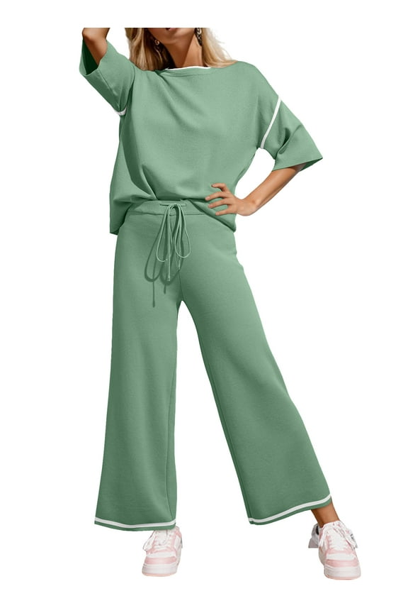 2 Piece Outfits for Women Lounge Sets Half Sleeve Knit Sweater Tops Matching Set Wide Leg Pants Tracksuit M
