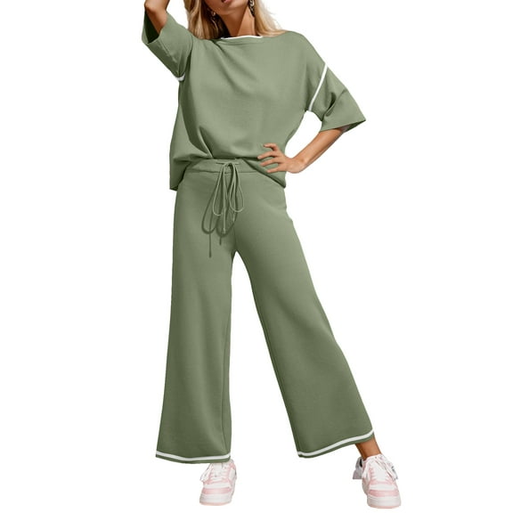 DOKOTOO 2 Piece Outfits for Women Lounge Sets Half Sleeve Knit Sweater Tops Matching Set Wide Leg Pants Tracksuit M