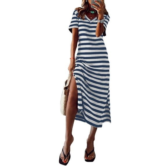 DOKOTOO Midi Dresses for Women Casual Loose V Neck Midi Dress Straight Striped Print Beach Dress Fashion V Neck Short Sleeve Summer T-shirts Dresses Size M US8-10