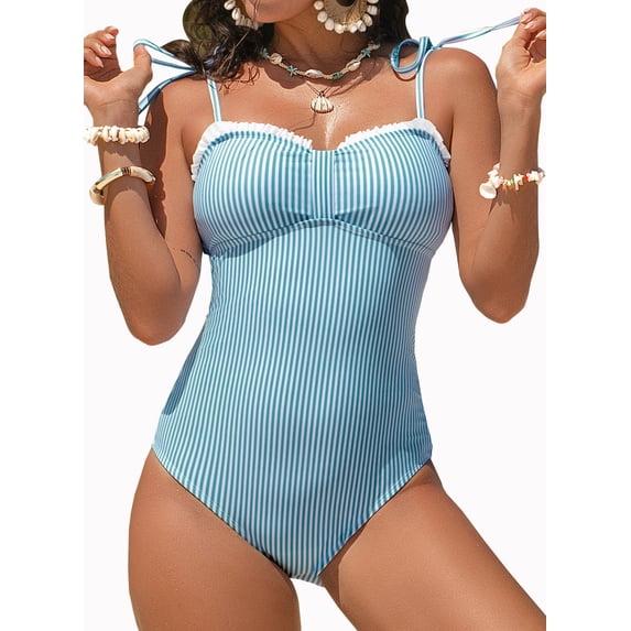 DOKOTOO Swimsuits for Woman Gathered Trim Tummy Control Padded Swimwear with Tie Shoulder Green S US4-6