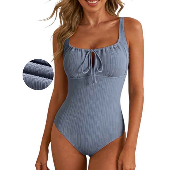 DOKOTOO One Piece Swimsuits for Women Textured Tie Knot Adjustable Straps Stretch Tummy Control Removable Pad Swimming Suits