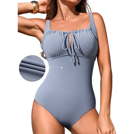 DOKOTOO One Piece Swimsuits for Women Textured Tie Knot Adjustable Straps Stretch Tummy Control Removable Pad Swimming Suits