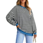DOKOTOO Oversized Sweatshirt for Women Crewneck Striped Long Sleeve Shirts 2024 Fall Hoodies Tops White XL US16-18
