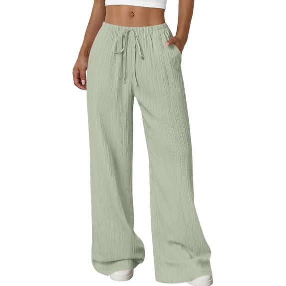 DOKOTOO Palazzo Pants for Women Wide Leg Elastic Waist Linen Pants Casual Loose Lounge Beach Trousers with Pockets