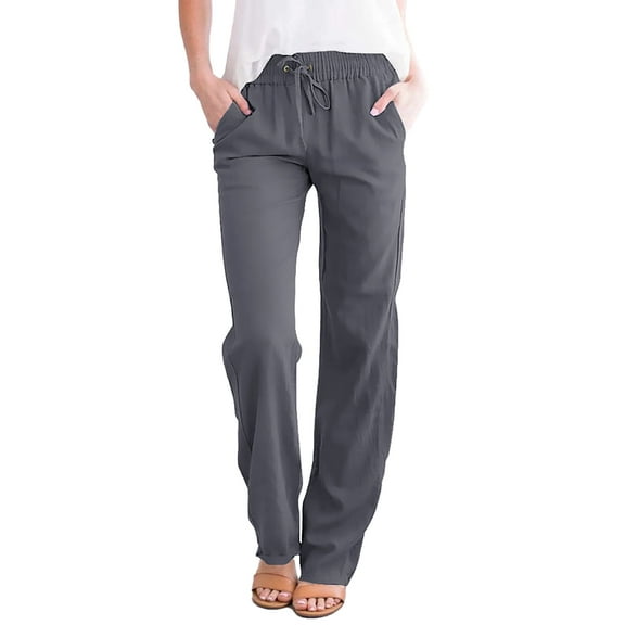 DOKOTOO Pants for Women Casual Cotton Pants Drawstring Elastic Waisted Straight Leg Gray Pants Women XL US 16-18