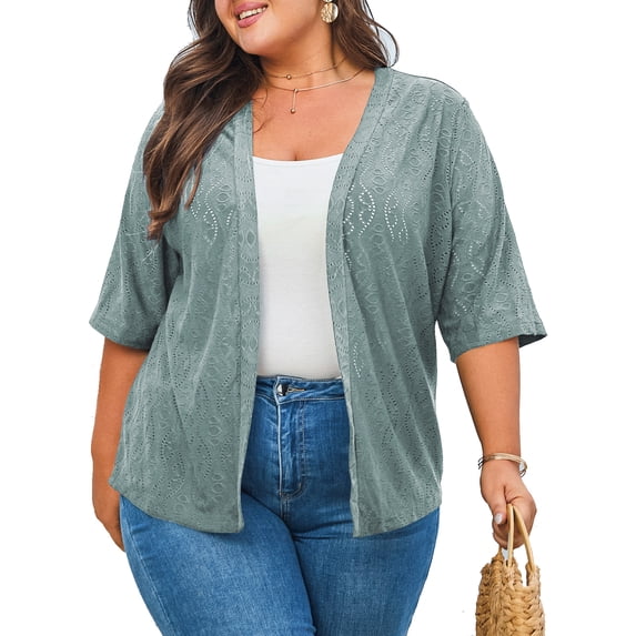 DOKOTOO Plus Size Cardigan for Women Summer Half Sleeve Open Front Lightweight Draped Cardigans Green XXL US18-20