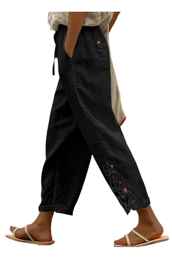 Plus Size Pants for Women Casual Cotton Pants Lightweight Comfy Pants Drawstring Elastic Waist Pants with Pockets XL