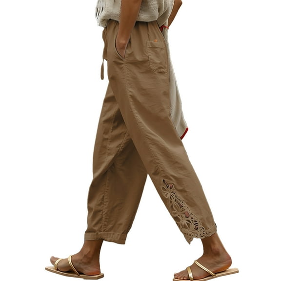 DOKOTOO Plus Size Pants for Women Casual Cotton Pants Lightweight Comfy Pants Drawstring Elastic Waist Pants with Pockets XL