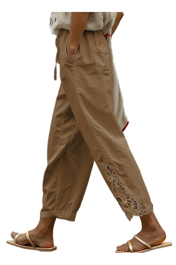 Plus Size Pants for Women Casual Cotton Pants Lightweight Comfy Pants Drawstring Elastic Waist Pants with Pockets XL