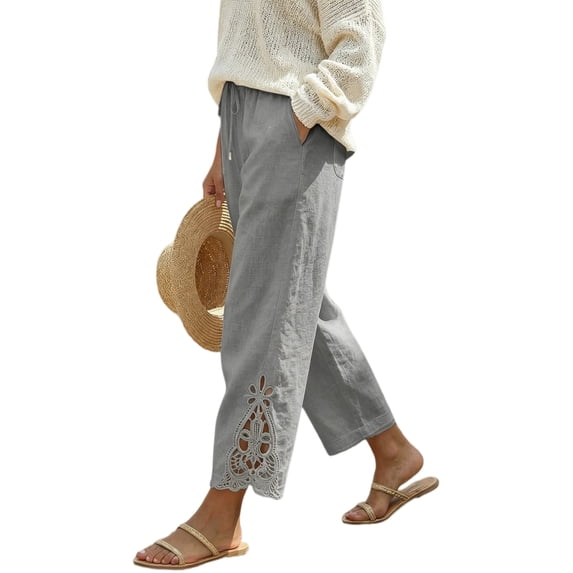 DOKOTOO Plus Size Pants for Women Casual Cotton Pants Lightweight Comfy Pants Drawstring Elastic Waist Pants with Pockets XL