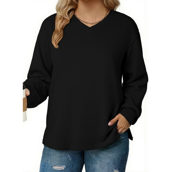DOKOTOO Plus Size Sweatshirts for Women Long Sleeve V Neck Oversized Drop Shoulder Solid Pullover Tops(1X-5X)