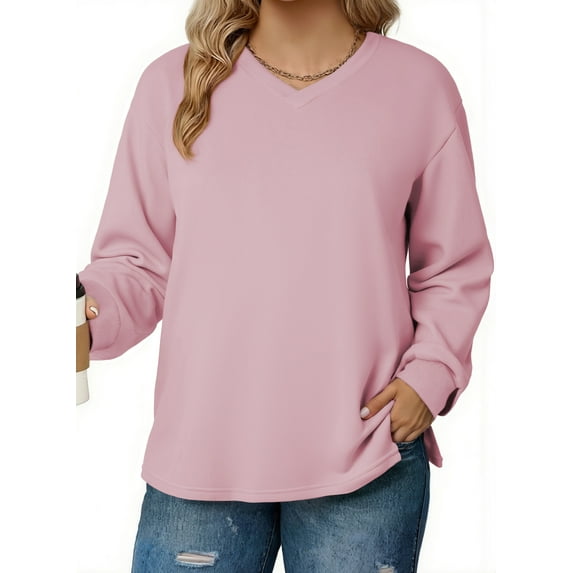 DOKOTOO Plus Size Sweatshirts for Women Long Sleeve V Neck Oversized Drop Shoulder Solid Pullover Tops(1X-5X)