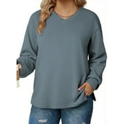 DOKOTOO Plus Size Sweatshirts for Women Long Sleeve V Neck Oversized Drop Shoulder Solid Pullover Tops(1X-5X)