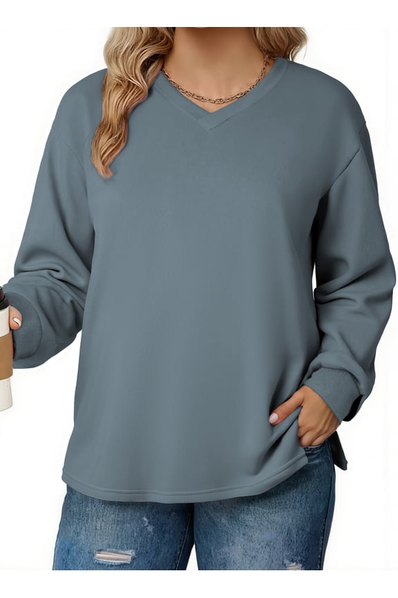 Plus Size Sweatshirts for Women Long Sleeve V Neck Oversized Drop Shoulder Solid Pullover Tops(1X-5X)